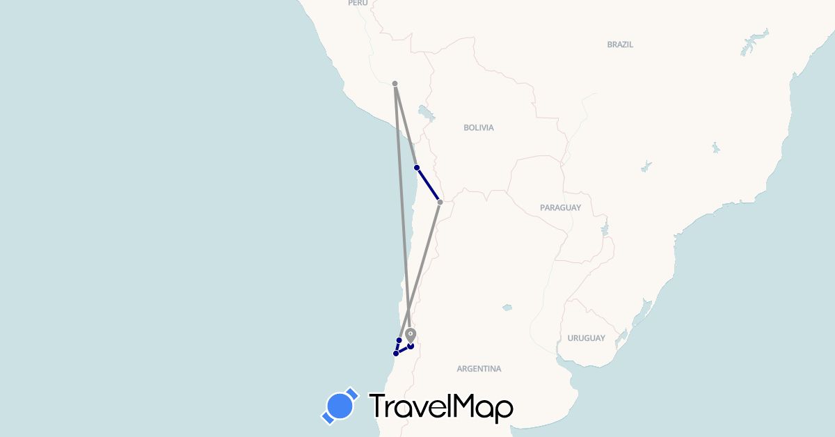 TravelMap itinerary: driving, plane in Chile, Peru (South America)